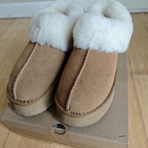 Cozy Tan and White Shearling Slippers